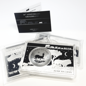 Conjunto-Moneda-1-oz-y-lingote-2-oz-Plata-Pura---50º-Aniversario-Krugerrand-Sudafricano---African-Lion-----Serie-Big-Five4