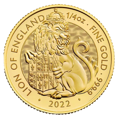 Moneda 1/4 Onza de oro Leonde Inglaterra /7,77 Gramos / 25 Libras Serie Bestias de la Reina 2022
