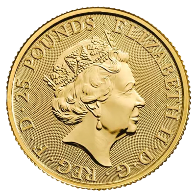 Moneda 1/4 Onza de oro Leonde Inglaterra /7,77 Gramos / 25 Libras Serie Bestias de la Reina 2022