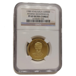 Moneda 5000 Bolivares 15.55 gramos Oro SANTIAGO MARIÑO Venezuela CERTIFICADO NGC PF 69 ULTRA CAMEO