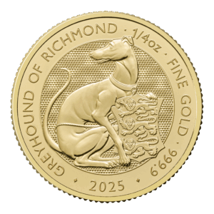 Moneda 1/4 Onza Oro 7.77 gramos 100 Libras Gran bretaña 2025 Series Queen’s Beasts GREYHOUND OF RICHMOND INGLATERRA