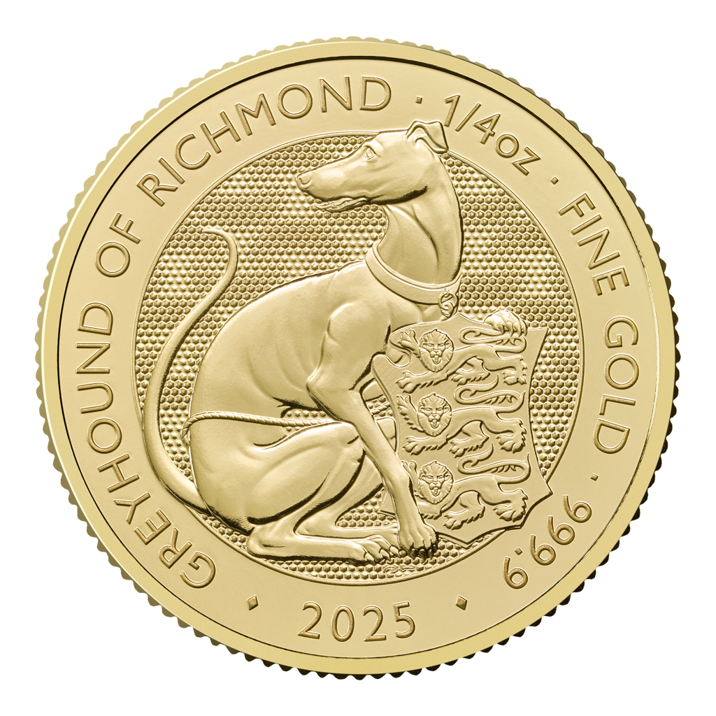 Moneda 1/4 Onza Oro 7.77 gramos 100 Libras Gran bretaña 2025 Series Queen’s Beasts GREYHOUND OF RICHMOND INGLATERRA