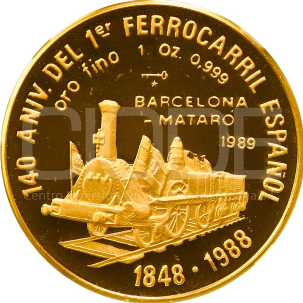 Moneda de oro 140 Aniversario del primer ferrocarril español Rep. Cuba 1oz 0,999 100 pesos 1989 Certificado NGC