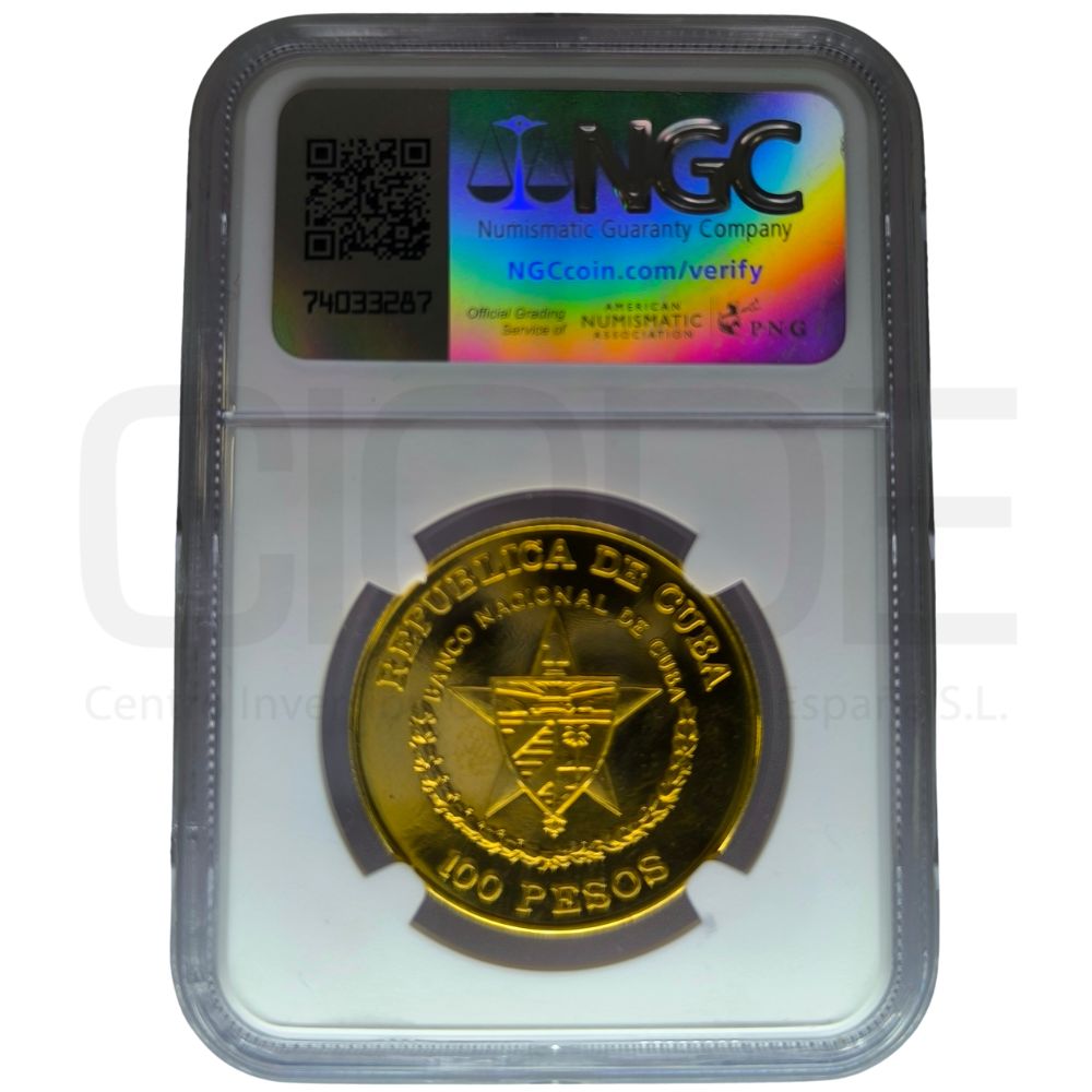 Moneda de oro 100 pesos Cuba 1989. 160 Aniversario primer ferrocarril . Onza oro 31.1 grs. Certificado NGC - Imagen 2