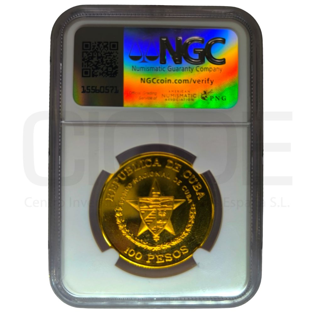 Moneda de oro 140 Aniversario del primer ferrocarril español Rep. Cuba 1oz 0,999 100 pesos 1989 Certificado NGC - Imagen 2