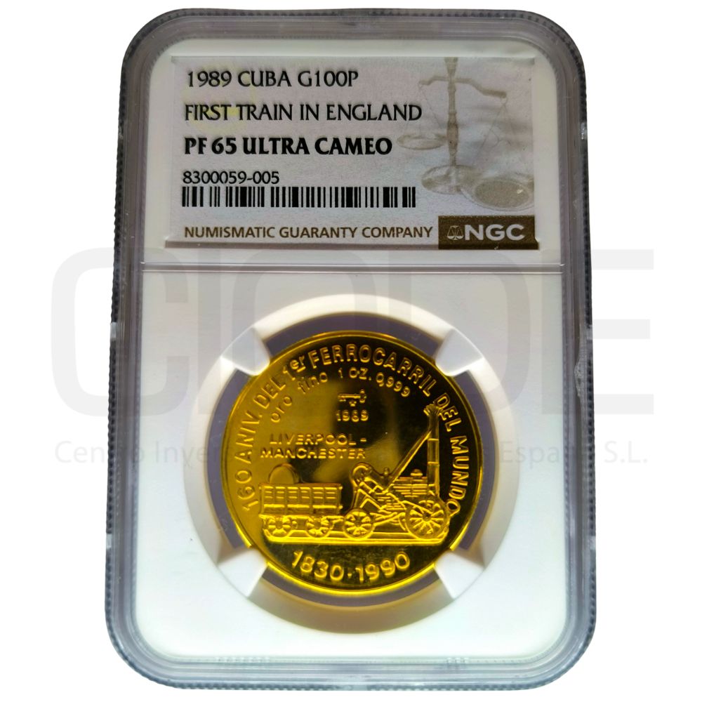 Moneda de oro Aniversario del primer ferrocarril Rep. Cuba 1oz 0,999 100 pesos 1989 Certificado NGC