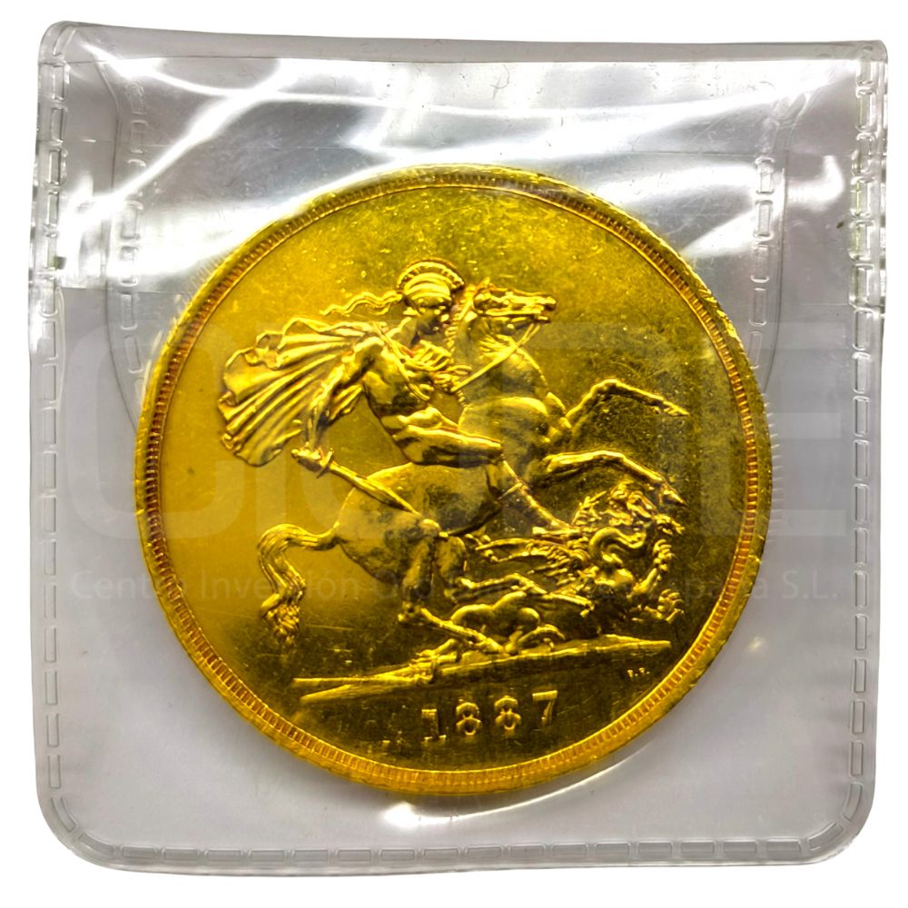 Moneda de oro 5 libras 1887.Reina Victoria 39,95gr 0,917 - Imagen 4