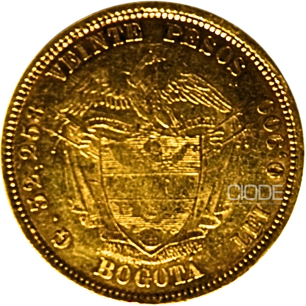 Moneda de oro 20 pesos 1871 Estados Unidos de Colombia 32.258gr Bogota LEI 900 Catalogacion de archivo N14